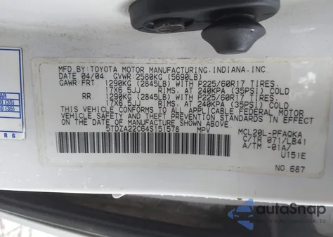 2004 Toyota Sienna Xle/Xle Limited из США, поврежденный, VIN 5TDZA22C64S151578